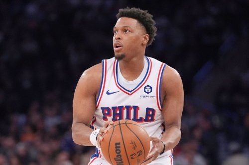 FILE- Philadelphia 76ers' Kyle Lowry looks to shoot during the second half of an NBA basketball game against the New York Knicks, Tuesday, April 1, 2025, in New York. (AP Photo/Frank Franklin II, File)