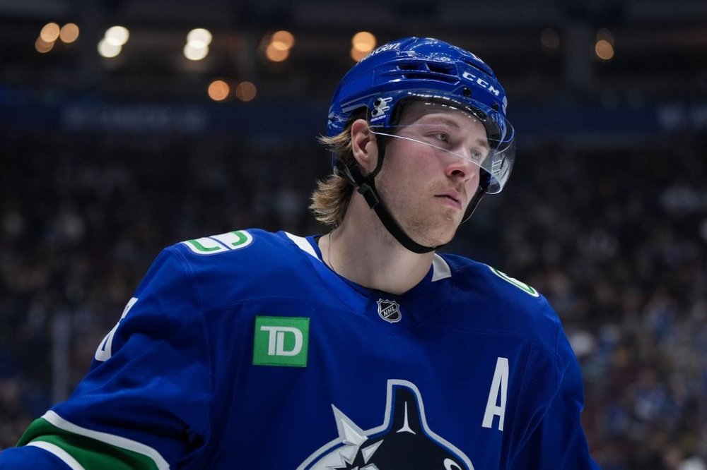 Vancouver Canucks' Brock Boeser skates during a stoppage in play during the second period of an NHL hockey game against the Vegas Golden Knights, in Vancouver, on Wednesday, April 16, 2025. THE CANADIAN PRESS/Darryl Dyck