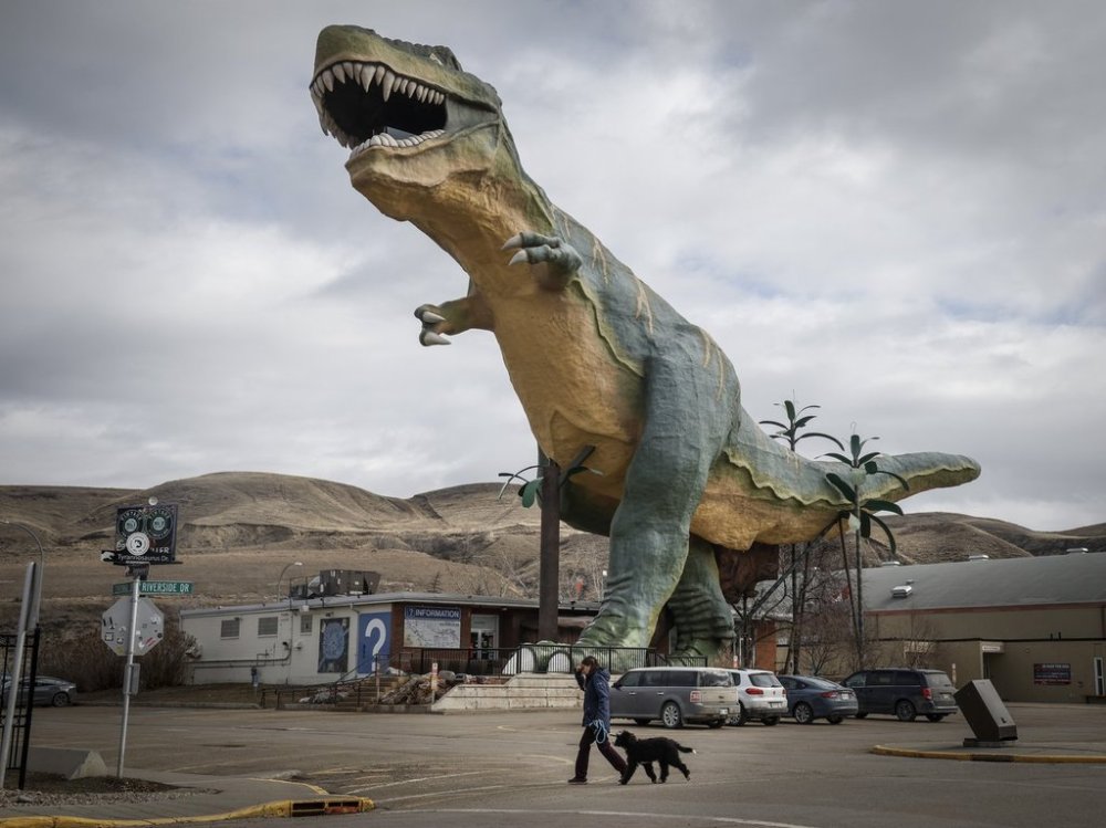 Tyra the Tyrannosaurus, the lovable landmark that towers over the Drumheller skyline in the heart of the Canadian Badlands, is facing an extinction-level event and is pictured in Drumheller, Alta., Tuesday, April 1, 2025. THE CANADIAN PRESS/Jeff McIntosh