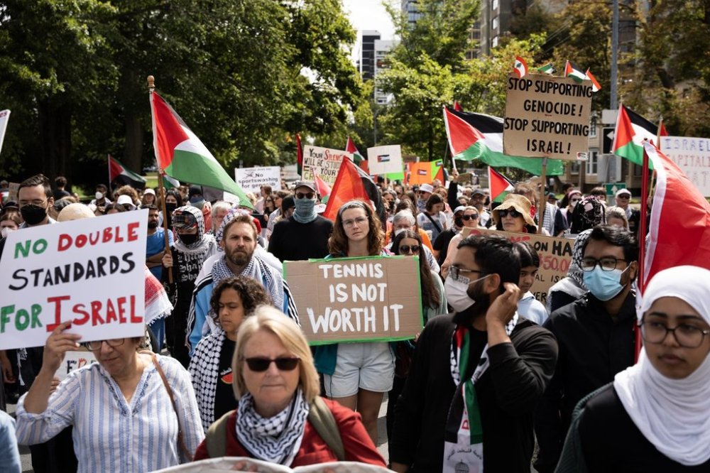 Hundreds of demonstrators block a street while protesting Team Israel's participation in the Davis Cup tennis match against Team Canada in Halifax on Saturday, September 13, 2025. THE CANADIAN PRESS/Darren Calabrese
