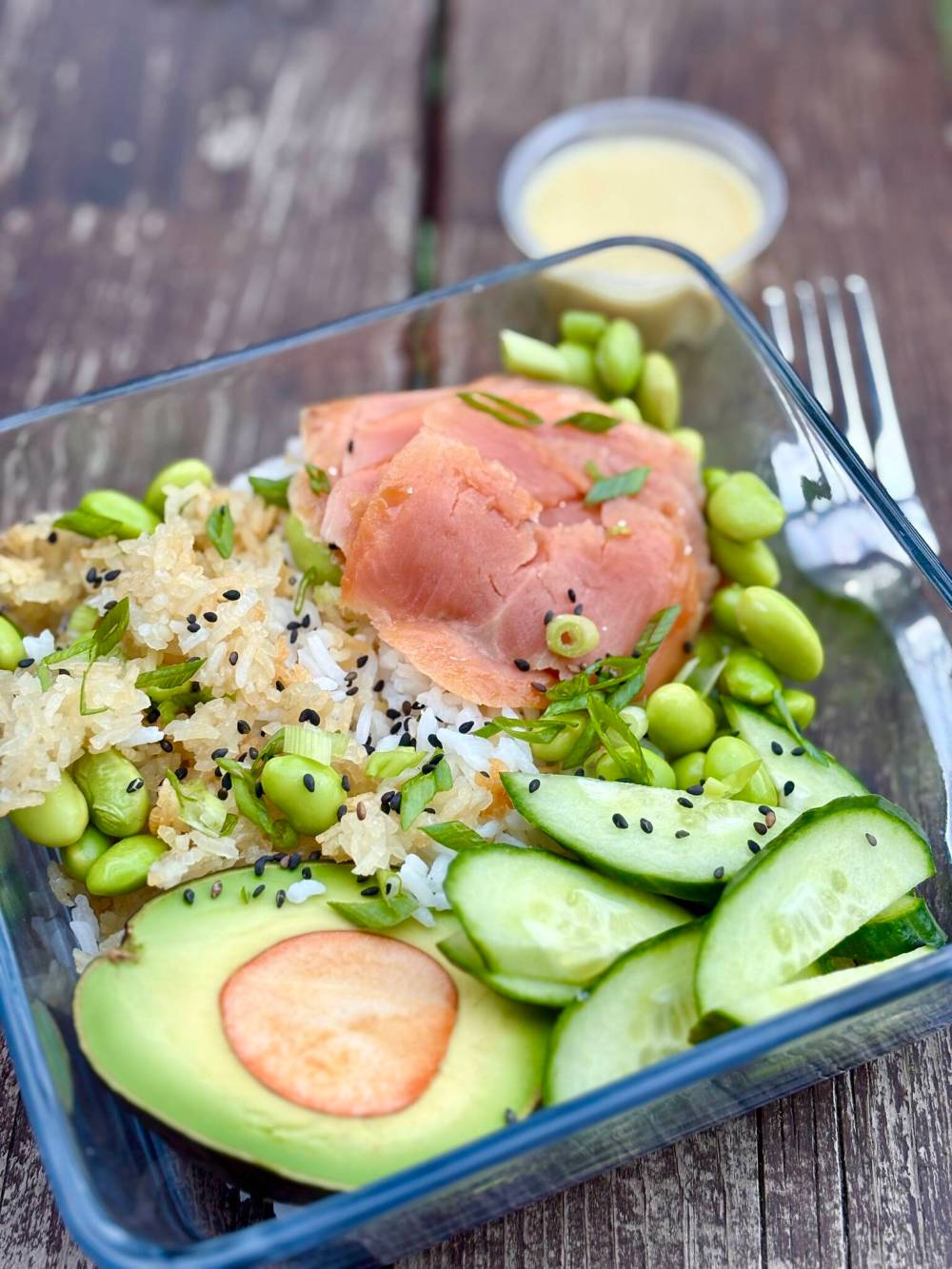 Salmon and Crispy Rice Bowl with Sesame Ginger Dressing from Elizabeth Cancade’s The Real Life Lunch Box Guide. (Elizabeth Cancade)