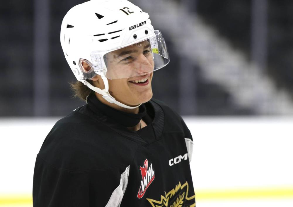Second-year defenceman Nigel Boehm laughs at a teammate during Brandon Wheat Kings practice on Thursday. (Perry Bergson/The Brandon Sun)