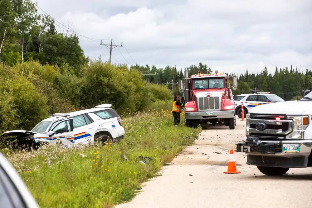 The crash scene north of Powerview-Pine Falls on Thursday. A man who killed his sister and wounded several other people died when the vehicle he was driving collided with an RCMP SUV. (Mikaela MacKenzie/Winnipeg Free Press)