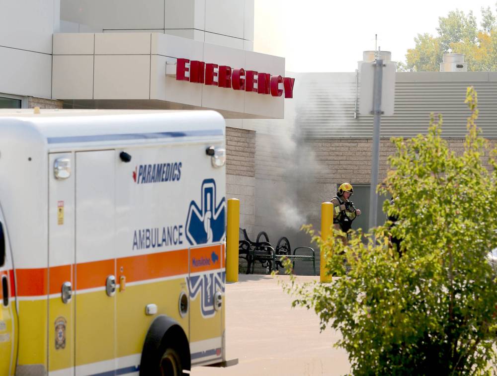 Smoke is shown near the entrance of the emergency unit of the Brandon Regional Health Centre on Sunday, around 1 p.m. Brandon fire chief Terry Parlow says the fire outside the building was quickly put out and it wasn’t suspicious. (Abiola Odutola/The Brandon Sun)