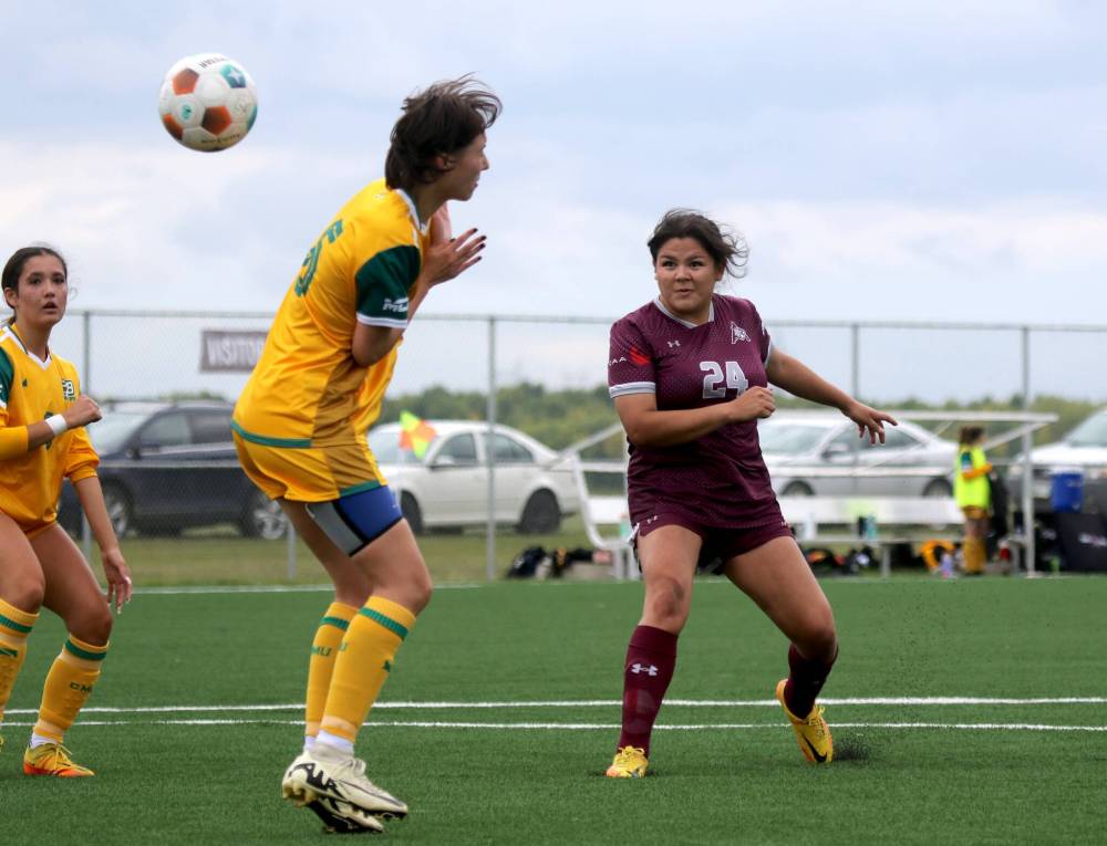Lexie Constant fires a shot during the first half of Assiniboine College’s first women's soccer game of the MCAC season. (Thomas Friesen/The Brandon Sun)
