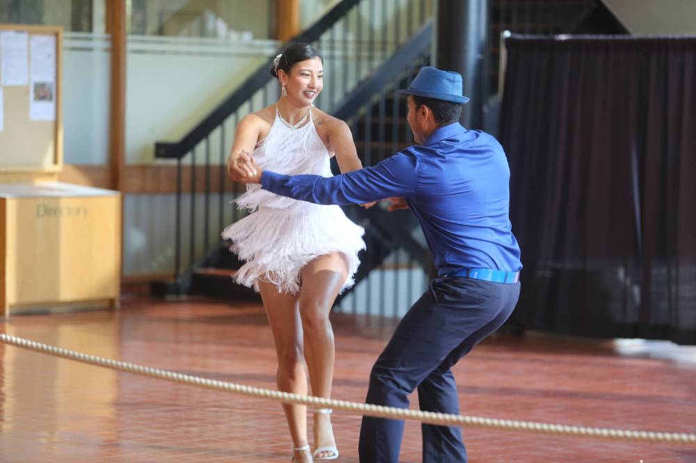 Latin fusion dancers Catalina Camargo (left) and Melvin Hernandez perform a lively salsa routine during the Westman Multicultural Festival announcement event at Brandon City Hall on Tuesday afternoon. (Abiola Odutola/The Brandon Sun)