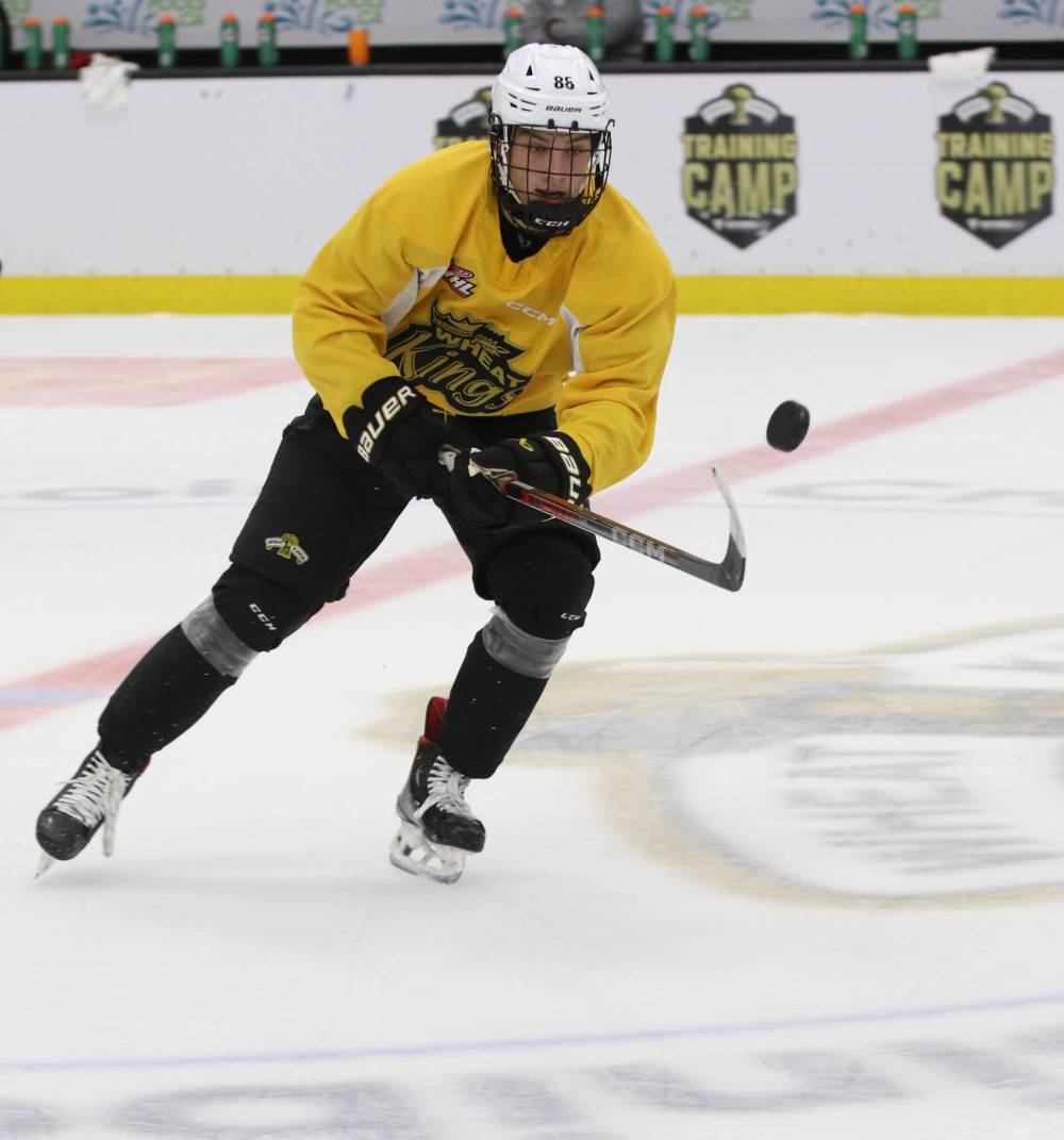 Carson Ralph, shown at practice earlier this week making a pass at Assiniboine Credit Union Place, overcame disappointment on his Western Hockey League draft day in 2024 to become a signed prospect of the Brandon Wheat Kings. (Perry Bergson/The Brandon Sun)