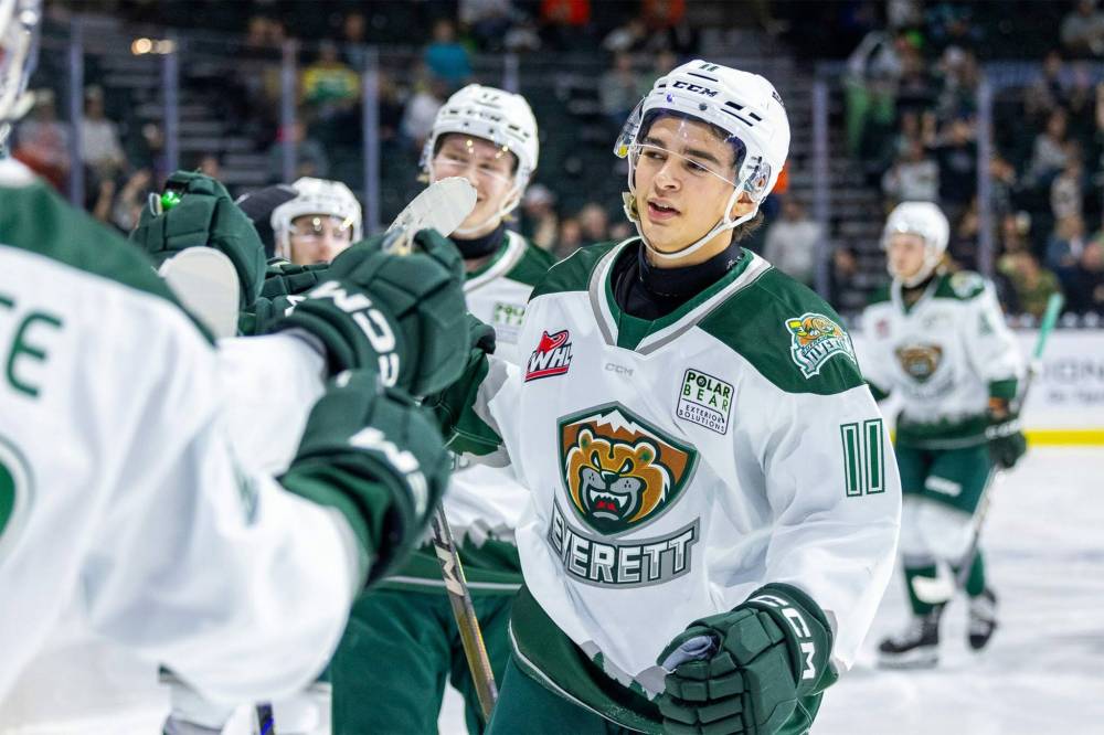 Everett Silvertips forward Carter Bear celebrates a goal last season, something the team hopes he’ll be doing lots of this winter. (Andy Glass/Everett Silvertips)