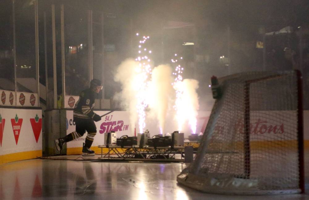 Brandon Wheat Kings forward Jaxon Jacobson skates out during introductions ahead of the Western Hockey League season opener on Friday. (Thomas Friesen/The Brandon Sun)