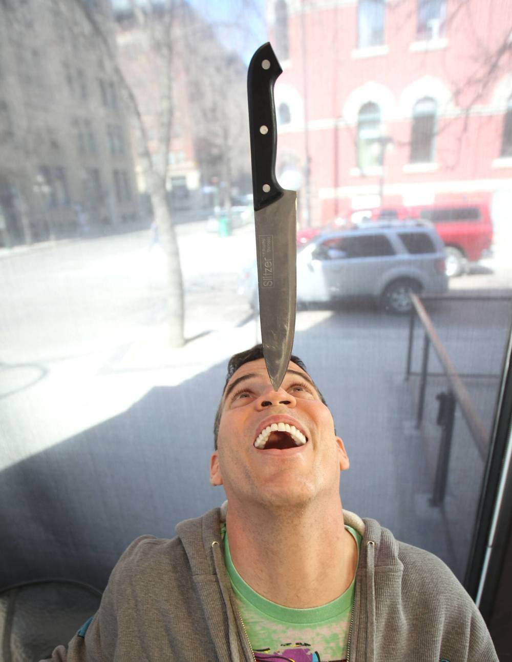 Steve-O, known for his stunts in the “Jackass” movies and TV show, balances a knife on his nose during a 2016 stop in Winnipeg. On Saturday evening, Steve-O will be performing at the Western Manitoba Centennial Auditorium in Brandon. (Joe Bryksa/Winnipeg Free Press files)