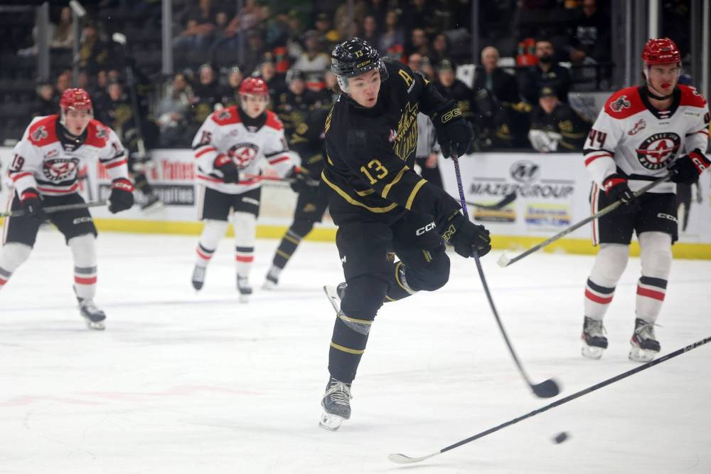 Roger McQueen of the Brandon Wheat Kings fires a shot on net during Western Hockey League action against the Moose Jaw Warriors in March. The Wheat Kings host the Warriors Friday night to kick off the 2025-26 season. (Tim Smith/The Brandon Sun files)