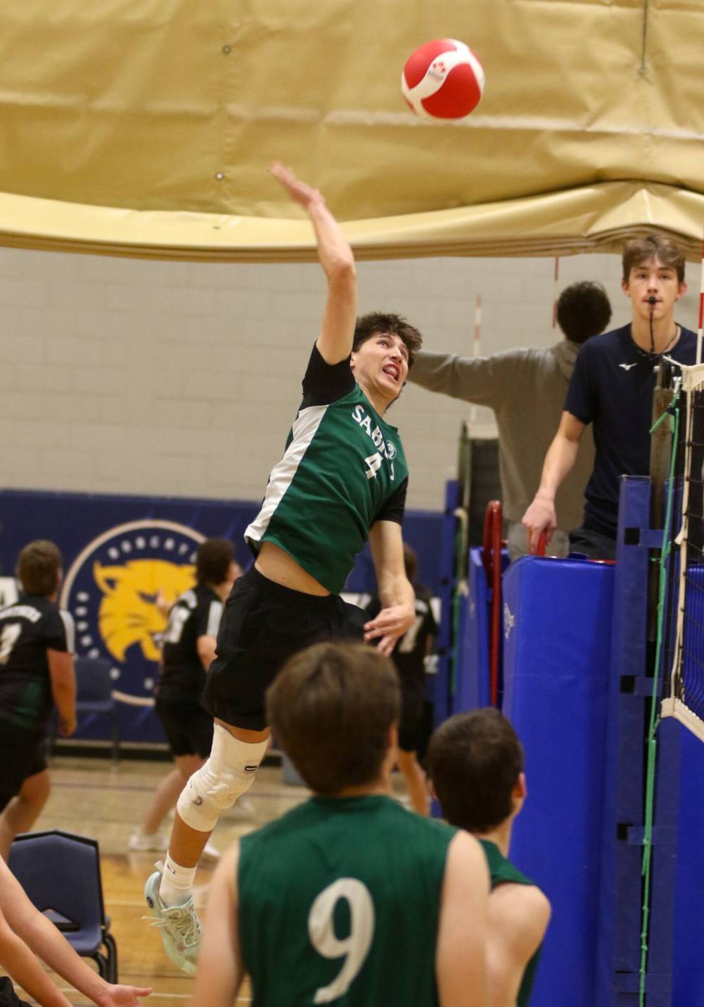Elton Sabres captain Jack Hutton attacks a ball against the Garden Valley Zodiacs during the Brandon University varsity boys’ volleyball tournament at Henry Champ Gymnasium on Friday. (Thomas Friesen/The Brandon Sun)