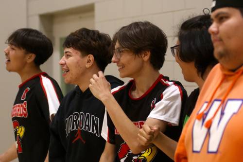 The Ebb and Flow Thunderbirds bench celebrates during a varsity boys’ volleyball match at Henry Champ Gymnasium on Friday. (Thomas Friesen/The Brandon Sun)