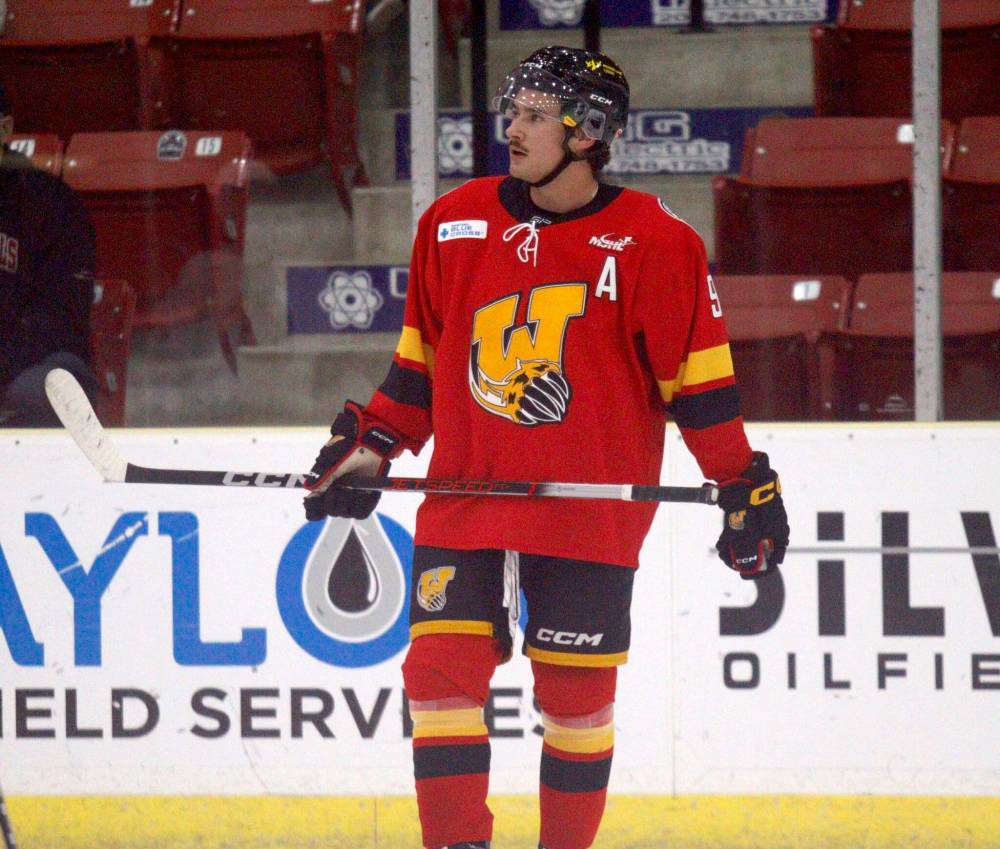 Ben Roulette during warmups for the Wolverines tilt on the road against the Virden Oil Capitals at Tundra Oil & Gas Place last Saturday. (Massimo De Luca-Taronno/The Brandon Sun)