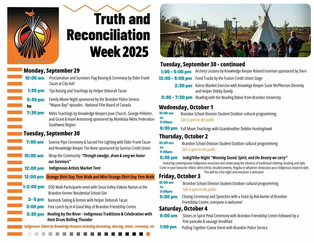 The schedule of events for Truth and Reconciliation Week 2025, all held at the Riverbank Discovery Centre. (City of Brandon)