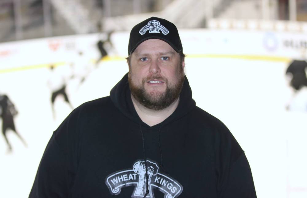 Brandon Wheat Kings equipment manager Jake McKercher, shown during practice on Monday, gained experience in the job in the Ontario Hockey League and the Professional Women’s Hockey League. (Perry Bergson/The Brandon Sun)