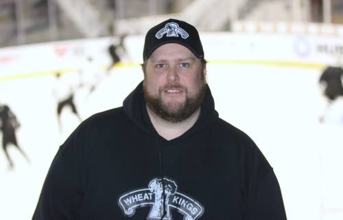 Brandon Wheat Kings equipment manager Jake McKercher, shown during practice on Monday, gained experience in the job in the Ontario Hockey League and the Professional Women’s Hockey League. (Perry Bergson/The Brandon Sun)