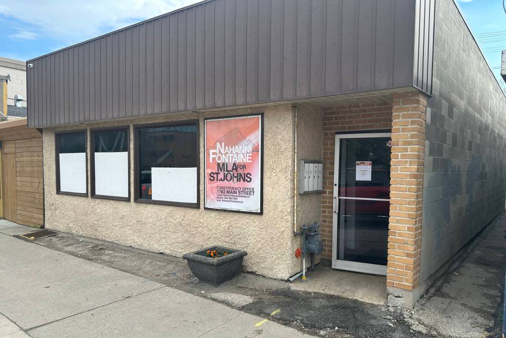 Manitoba Families Minister Nahanni Fontaine's constituency office is shown in Winnipeg on Tuesday. A fire was reported at the office early Tuesday morning, just over a week after several windows were smashed. (The Canadian Press)