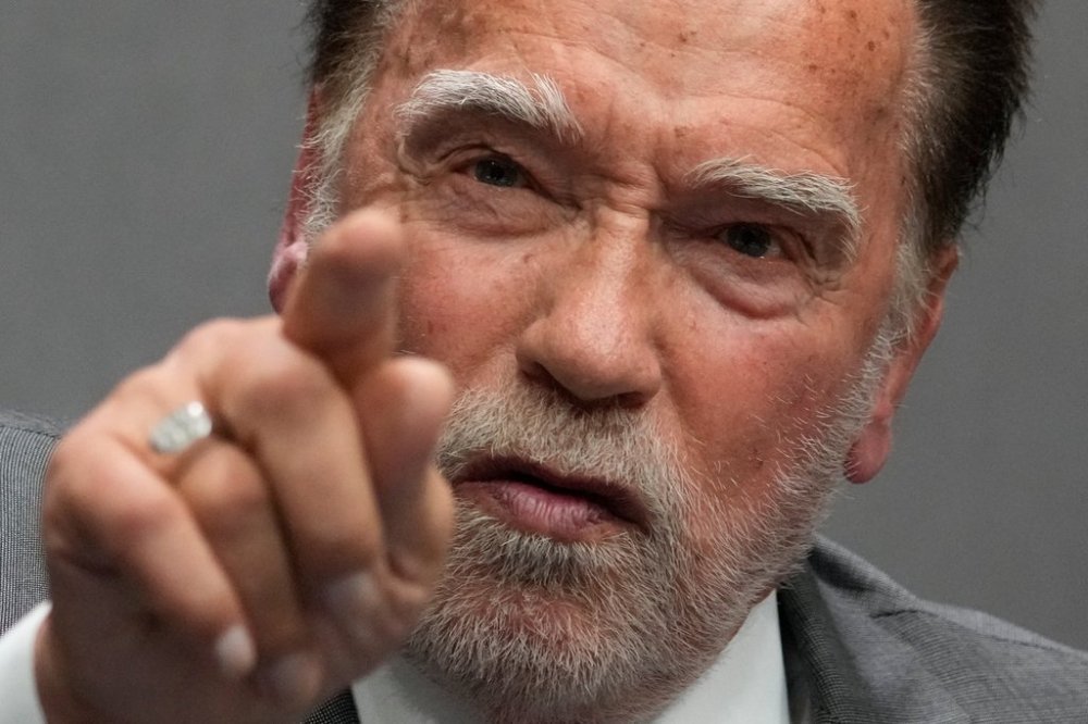 Former California Gov. Arnold Schwarzenegger attends a press conference at the Vatican, Tuesday, Sept. 30, 2025, to present the