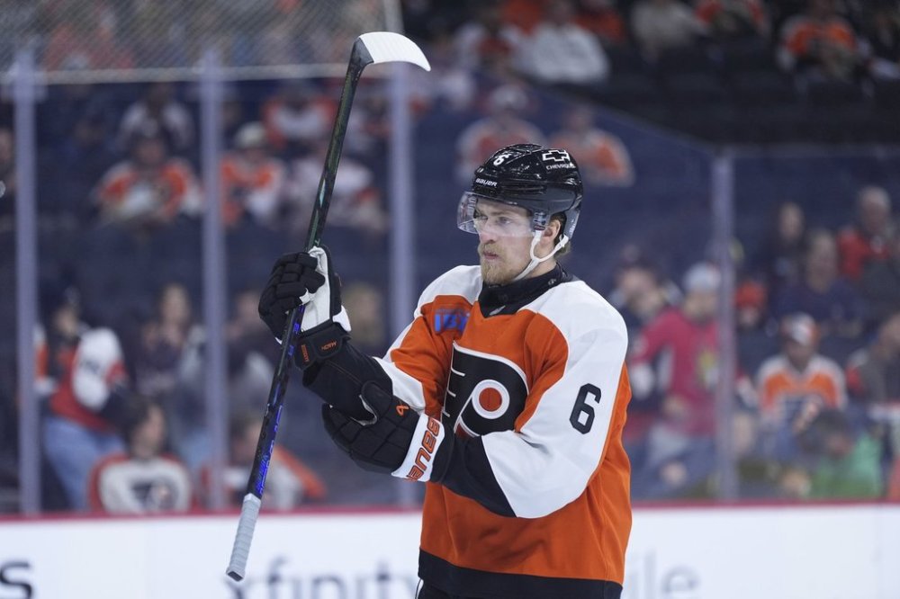 Flyers defenceman Travis Sanheim plays during an NHL hockey game in Philadelphia on Tuesday, March 11, 2025. (AP Photo/Matt Slocum)