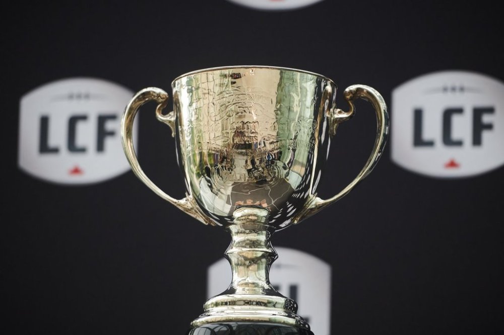 The Grey Cup is pictured as CFL Commissioner Stewart Johnston speaks at a press conference in Toronto on Monday, Sept. 22, 2025. THE CANADIAN PRESS/Sammy Kogan