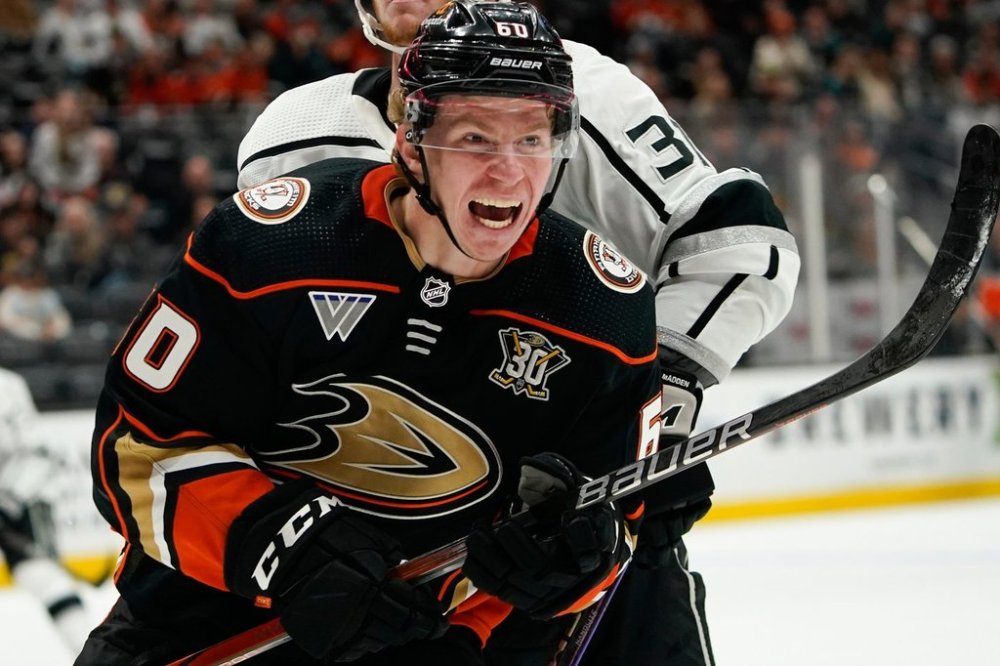 FILE - Anaheim Ducks defenseman Jackson LaCombe celebrates after scoring a goal during the third period of a preseason NHL hockey game against the Los Angeles Kings, Sept. 24, 2023, in Anaheim, Calif. (AP Photo/Ryan Sun, file)