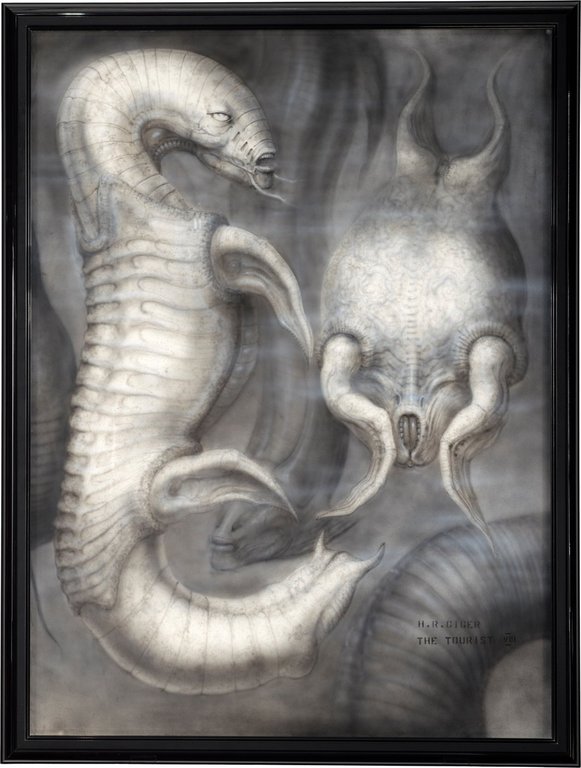 This image released by Heritage Auctions shows H.R. Giger's original art created for an unproduced science fiction script, an item up for auction from the collection of filmmaker Guillermo del Toro. (Heritage Auctions via AP)