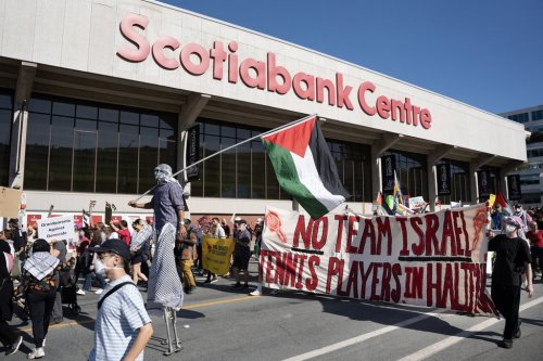 Demonstrators protest outside the venue hosting the Davis Cup tennis match between Team Israel and Team Canada in Halifax on Friday, Sept. 12, 2025. THE CANADIAN PRESS/Darren Calabrese