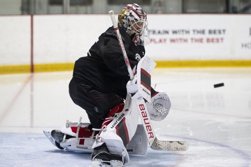 Ottawa Senators goalie Linus Ullmark (35) blocks a shot during training camp at the Sensplex in Ottawa, on Thursday, Sept. 18, 2025. THE CANADIAN PRESS/Spencer Colby