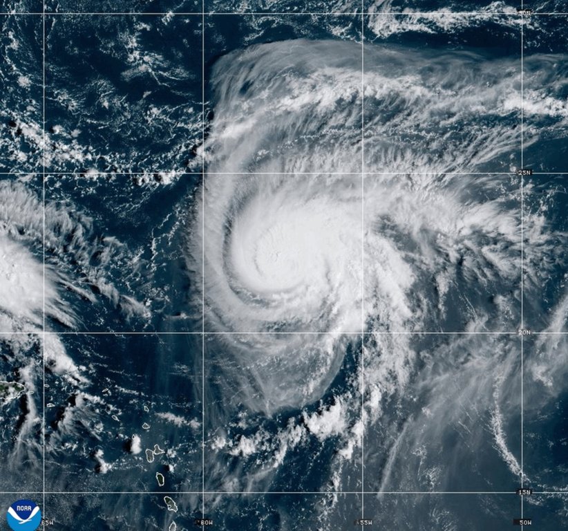 This satellite image provided by NOAA shows Hurricane Humberto on Friday, Sept. 26, 2025. (NOAA via AP)