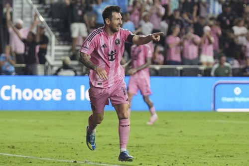 Inter Miami forward Lionel Messi reacts after scoring a goal during the first half of an MLS soccer match against the Seattle Sounders, Tuesday, Sept. 16, 2025, in Fort Lauderdale, Fla. (AP Photo/Lynne Sladky)