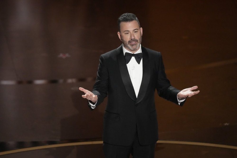 FILE - Host Jimmy Kimmel speaks during the Oscars at the Dolby Theatre in Los Angeles, March 10, 2024. (AP Photo/Chris Pizzello, File)