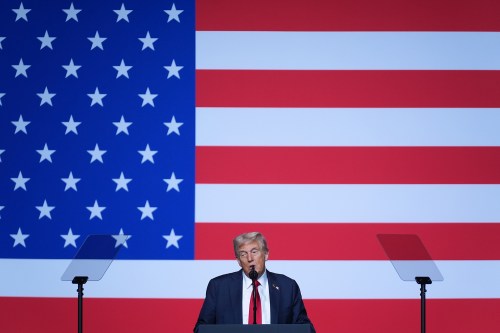 U.S. President Donald Trump speaks to a gathering of top U.S. military commanders at Marine Corps Base Quantico on Tuesday, Sept. 30, 2025, in Quantico, Va. (AP Photo/Evan Vucci)