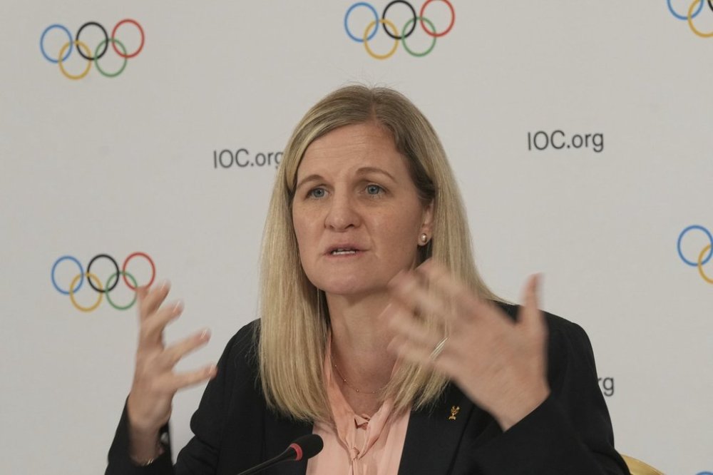 IOC President Kirsty Coventry attends a final press conference with Executive Board members after visiting Olympic and Paralympic Village and various venues in Milan, Italy, Friday, Sept. 19, 2025. (AP Photo/Antonio Calanni)