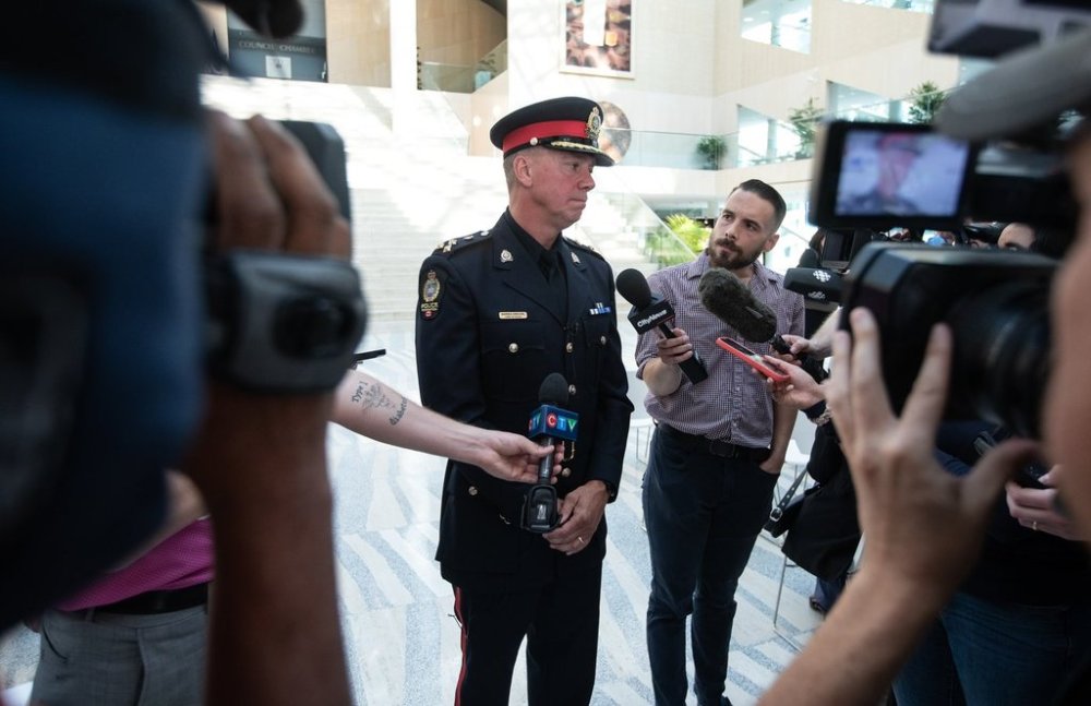 Edmonton Chief of Police Warren Driechel speaks during a press conference in Edmonton, Friday, Sept. 19, 2025. THE CANADIAN PRESS/Jason Franson