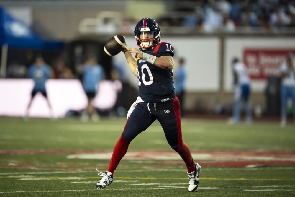 Montreal Alouettes quarterback Davis Alexander (10) throws the ball during first half CFL action against the Toronto Argonauts in Montreal on Thursday, July 17, 2025. THE CANADIAN PRESS/Christopher Katsarov