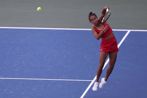 Canada's Leylah Fernandez returns a shot during a doubles match with American Venus Williams in the third round of the U.S. Open tennis championships on Aug. 30, 2025, in New York. (AP Photo/Heather Khalifa)