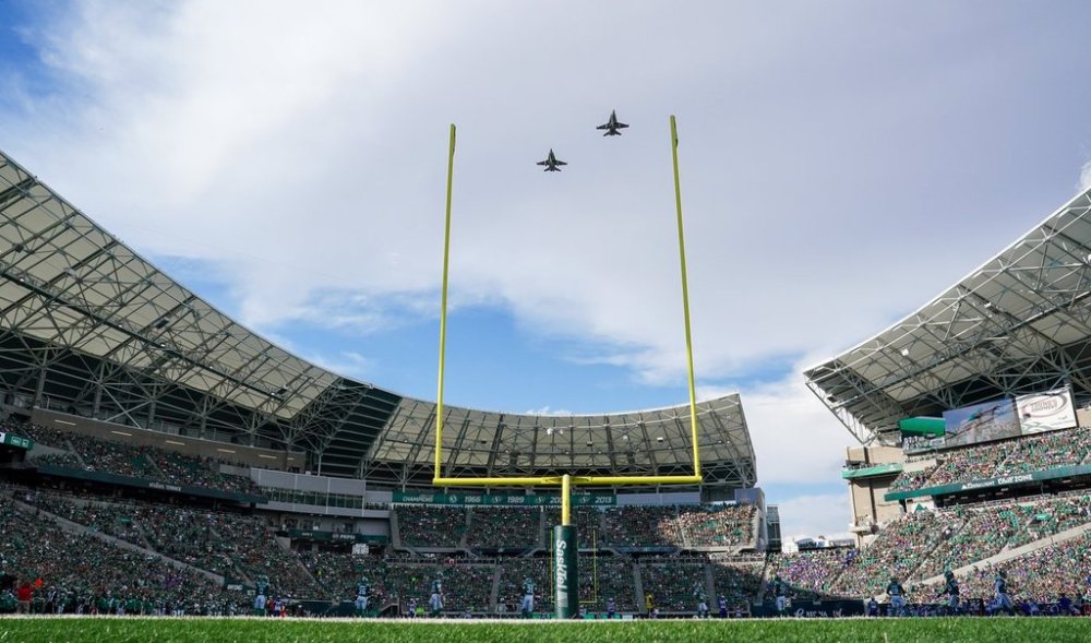 Royal Canadian Air Force CF-18 fighter jets fly over Mosaic Stadium before CFL football action between the Saskatchewan Roughriders and the Winnipeg Blue Bombers in Regina, Sunday, Aug. 31, 2025. THE CANADIAN PRESS/Heywood Yu
