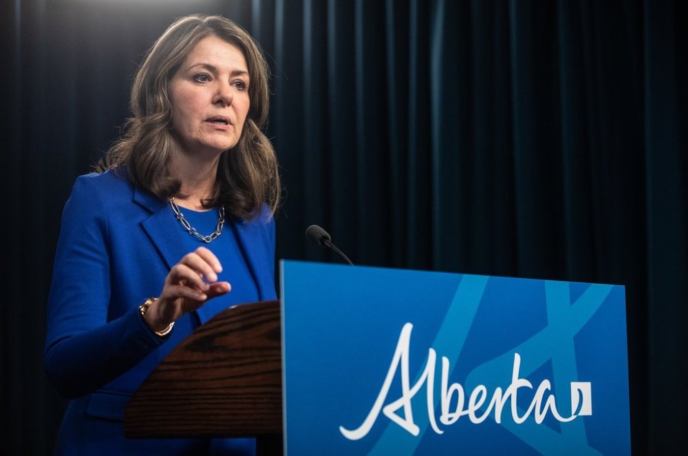 Alberta Premier Danielle Smith announces proposed changes to several pieces of democratic process legislation, in Edmonton on Tuesday April 29, 2025. THE CANADIAN PRESS/Jason Franson