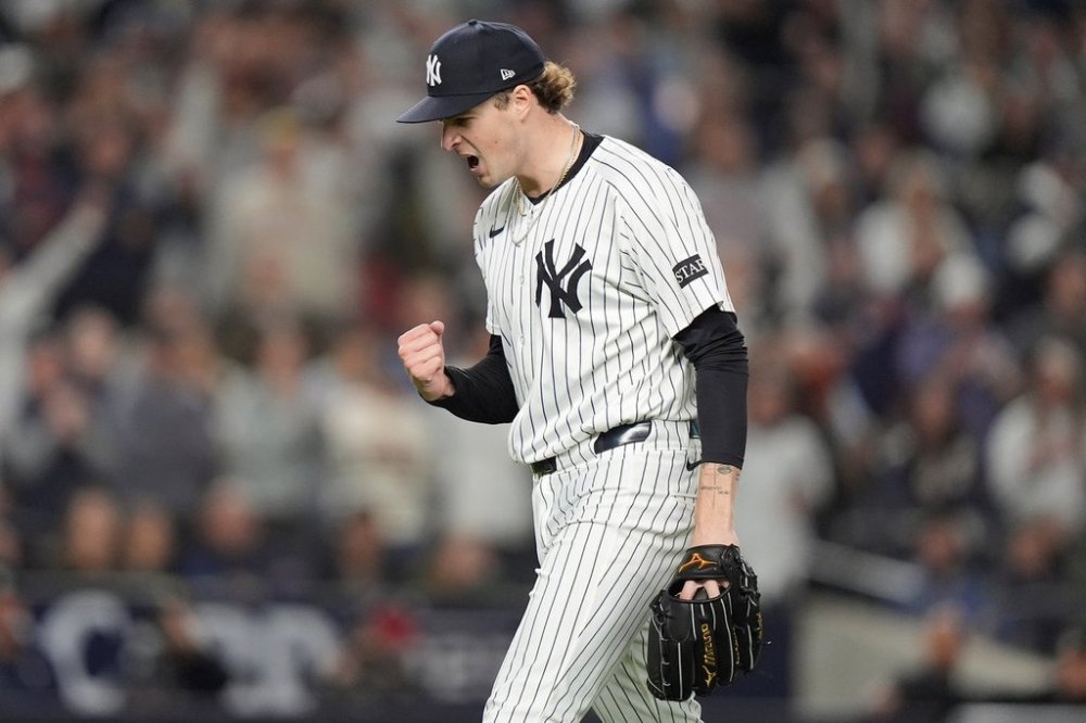 New York Yankees pitcher Cam Schlittler reacts as he walks off the field at the end of the top of the eighth inning of Game 3 of an American League wild-card baseball playoff series against the Boston Red Sox, Thursday, Oct. 2, 2025, in New York. (AP Photo/Frank Franklin II)