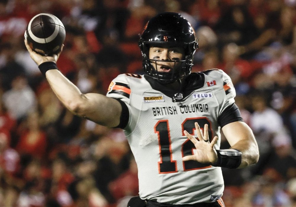 B.C. Lions quarterback Nathan Rourke throws the ball during first half CFL football action against the Calgary Stampeders in Calgary, Friday, Sept. 19, 2025. THE CANADIAN PRESS/Jeff McIntosh