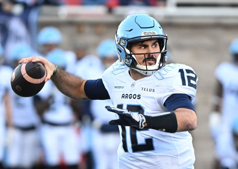 Toronto Argonauts quarterback Chad Kelly (12) throws a pass during first quarter CFL Eastern Conference Final football action Saturday, November 9, 2024 in Montreal. THE CANADIAN PRESS/Graham Hughes