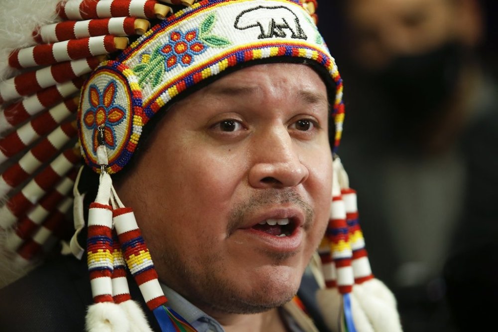 Southern Chiefs' Organization Grand Chief Jerry Daniels talks with media after a Hudson’s Bay Company transfer ceremony in Winnipeg Friday, April 22, 2022. THE CANADIAN PRESS/John Woods