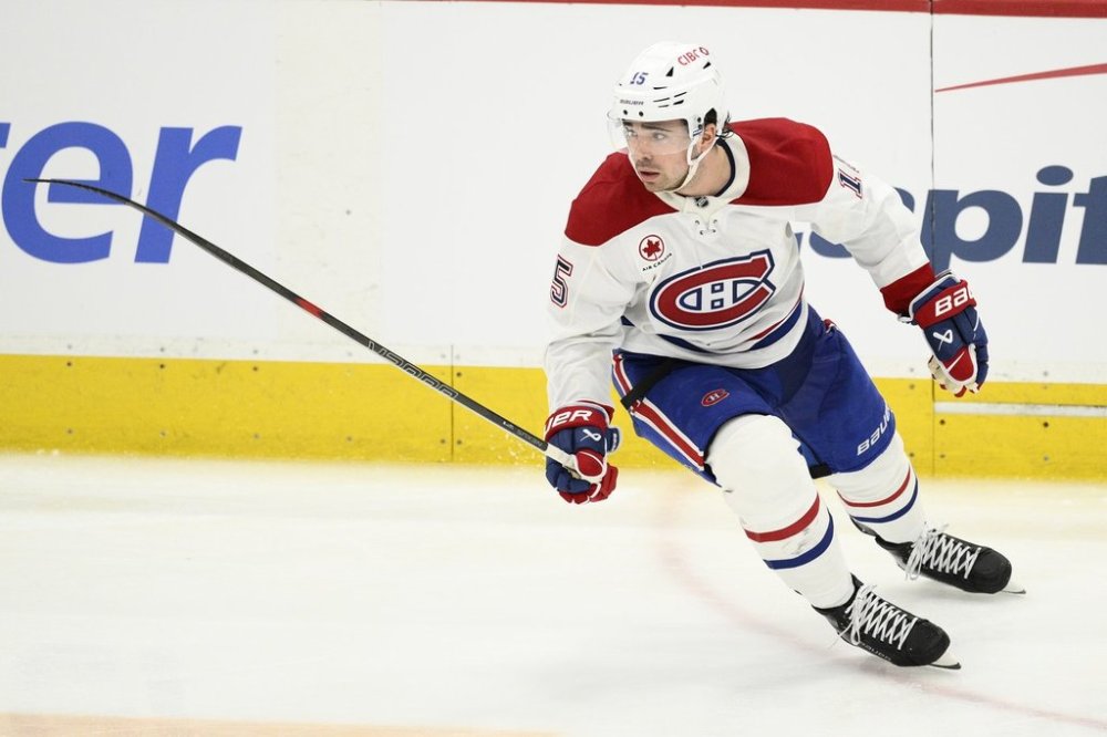 Montreal Canadiens centre Alex Newhook (15) in action in overtime of Game 1 of a first-round NHL hockey playoff series against the Washington Capitals Monday, April 21, 2025, in Washington. (AP Photo/Nick Wass)