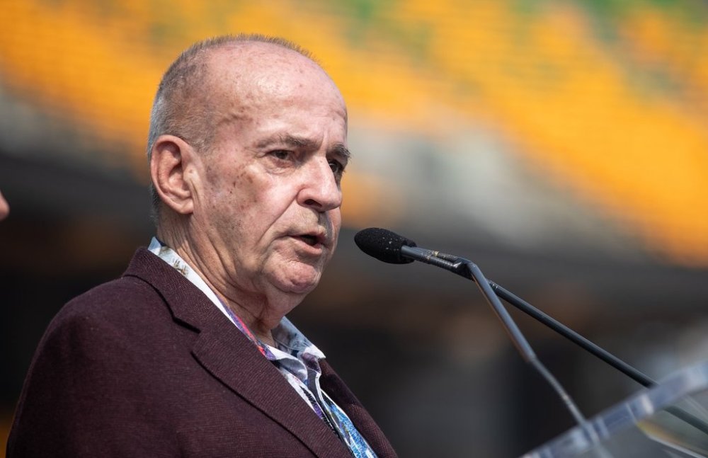 Edmonton Elks owner Larry Thompson speaks during a press conference in Edmonton, Alta., on Aug. 15, 2024. THE CANADIAN PRESS/Jason Franson