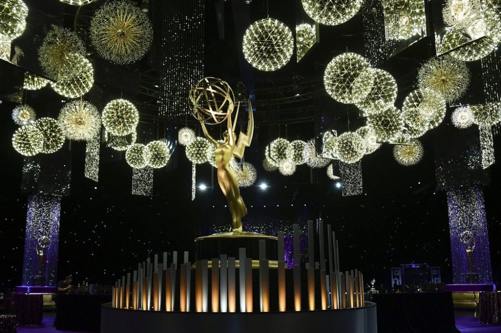 An Emmy statue appears on the stage for the 77th Primetime Emmy Awards red carpet rollout on Thursday, Sept. 11, 2025, in Los Angeles. (Photo by Richard Shotwell/Invision/AP)