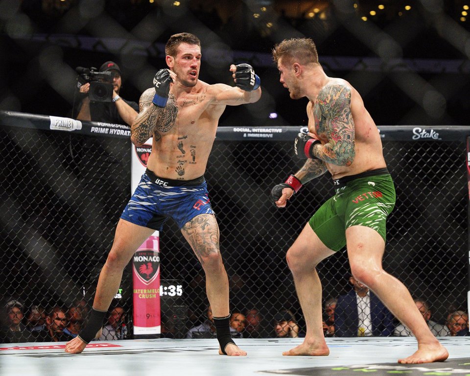 Brendan Allen left, and Marvin Vettori in a preliminary middleweight title fight at UFC 318 in New Orleans, La., Saturday, July 19, 2025. (AP Photo/Ella Hall)