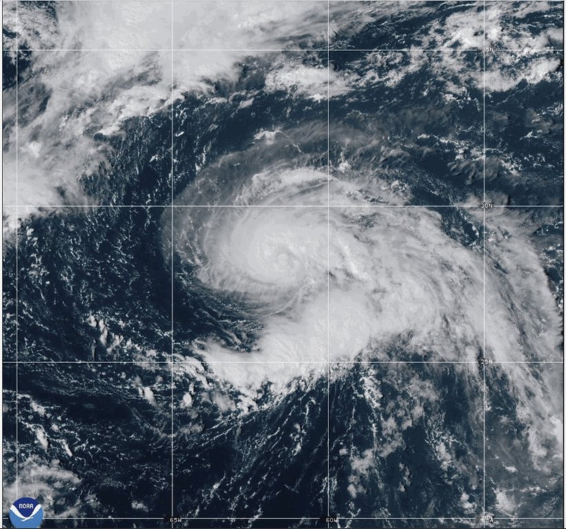 This Satellite image provided by NOAA Tropical Storm Gabrielle on Sunday, Sept. 21, 2025. (NOAA via AP)
