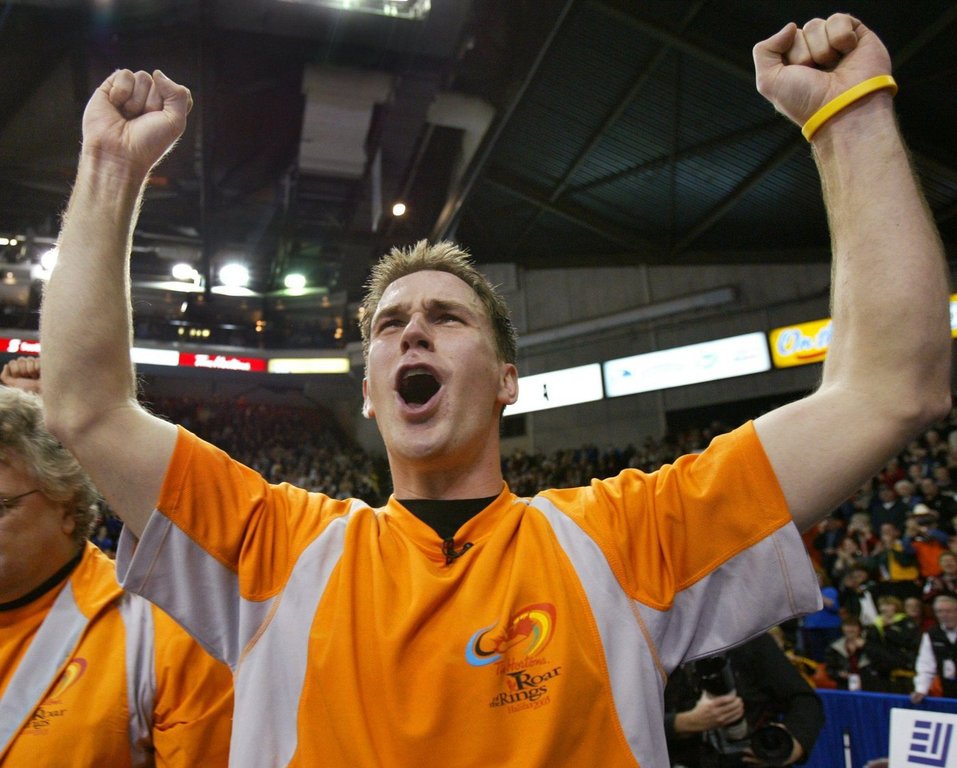 Brad Gushue of St. John's, N.L., celebrates as he defeats Team Jeff Stoughton from Winnipeg at the Canadian curling trials in Halifax, N.S. on Sunday, Dec. 11, 2005. (CP PHOTO/Andrew Vaughan)
