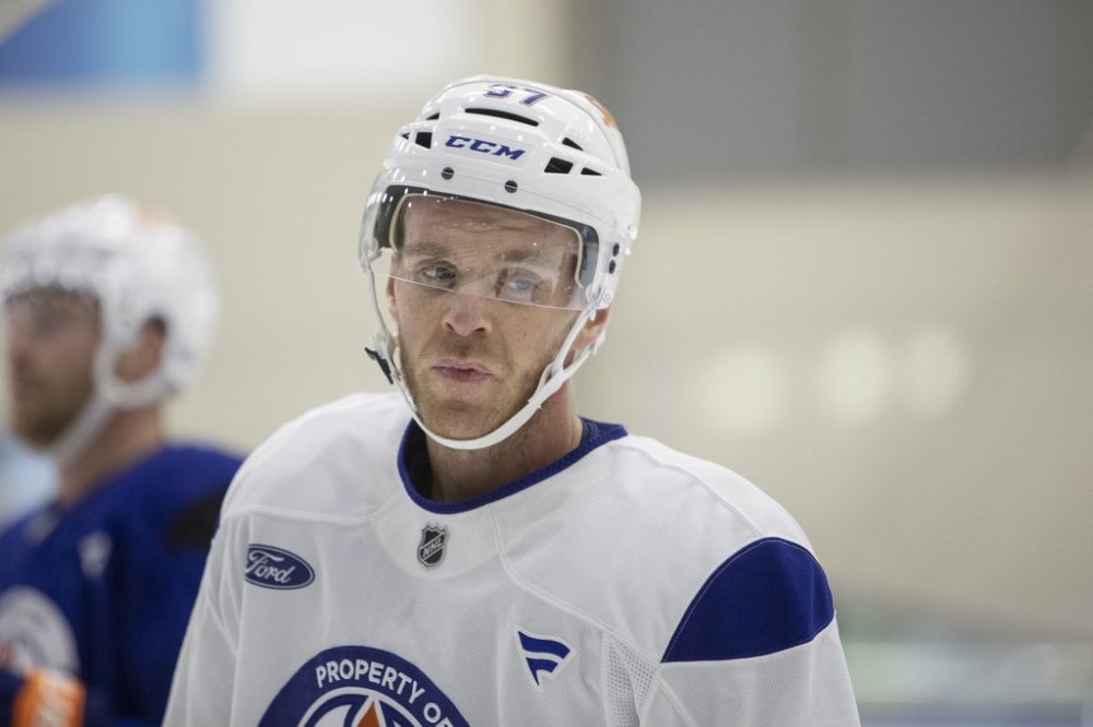 Edmonton Oilers' Connor McDavid (97) looks on during training camp in Edmonton on Thursday September 18, 2025. THE CANADIAN PRESS/Amber Bracken